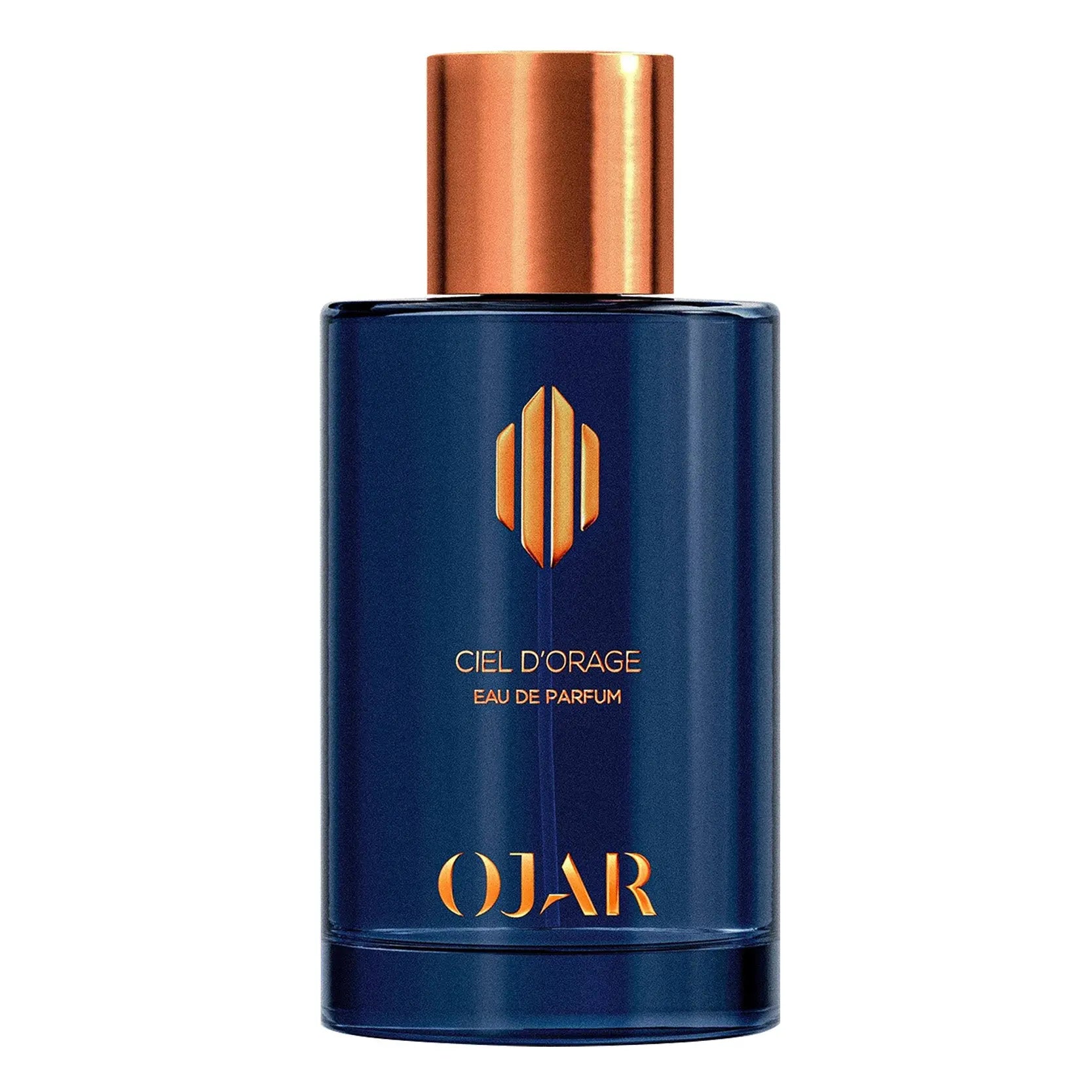 Ojar Ciel d'Orange Eau de Parfum luxury fragrance bottle, vibrant citrus and honeyed floral niche perfume, elegant blue and gold artisanal design at Neverabore.