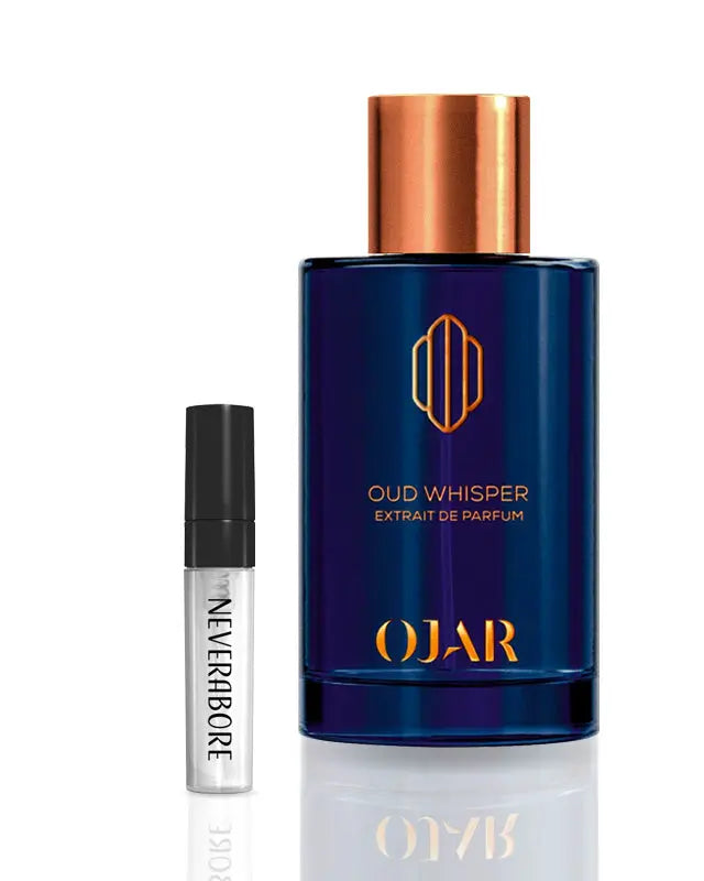 Luxury packaging for Neverabore Oud Whisper Extrait de Parfum, premium niche fragrance gift set, sustainable and artistic perfume design.