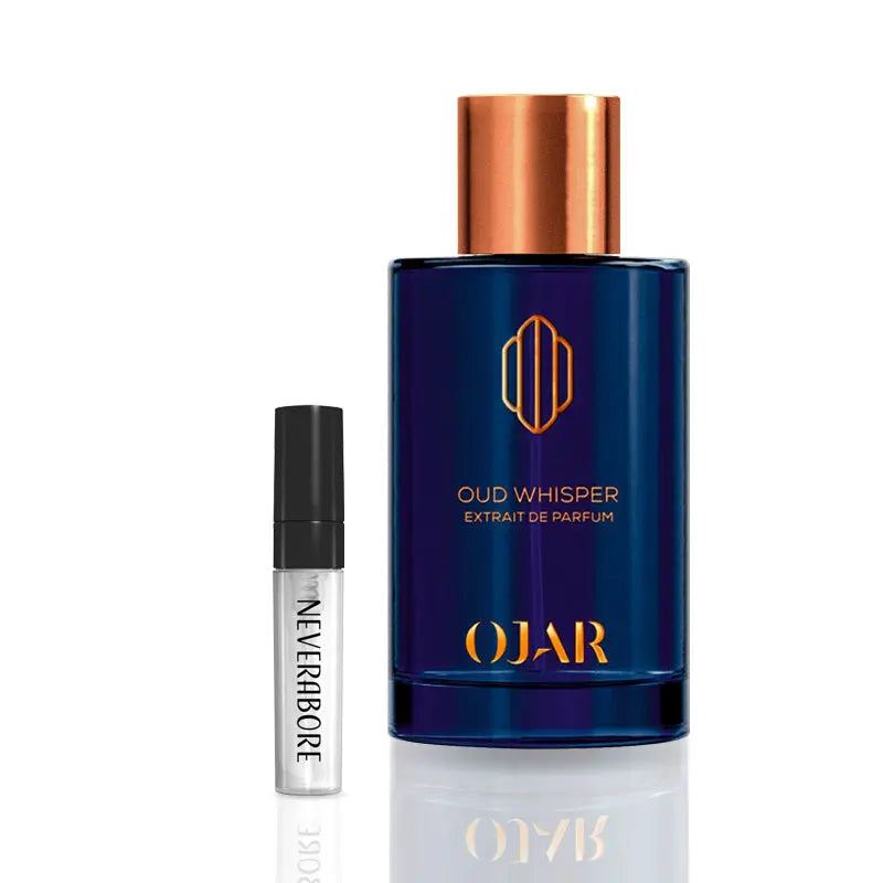 Luxury packaging for Neverabore Oud Whisper Extrait de Parfum, premium niche fragrance gift set, sustainable and artistic perfume design.